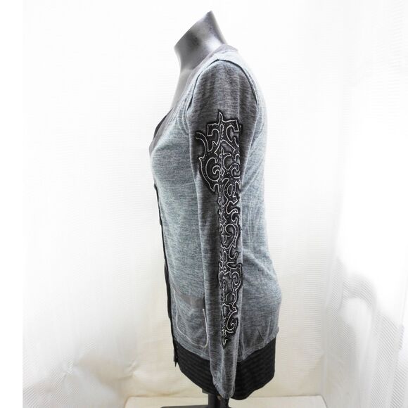 Miss Me Grey Black Knit Cardigan Sweater Rhinestone Bling - Women's Size S - Picture 4 of 6